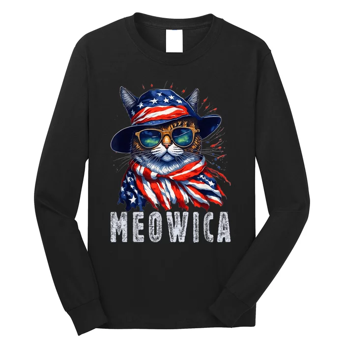 MEOWICA Cat 4th July Sunglasses Merica Cat American Flag Long Sleeve Shirt