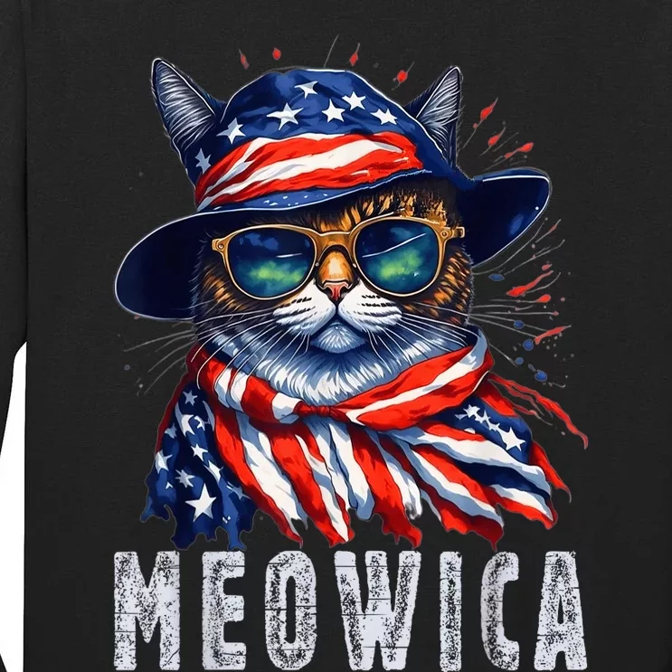 MEOWICA Cat 4th July Sunglasses Merica Cat American Flag Tall Long Sleeve T-Shirt