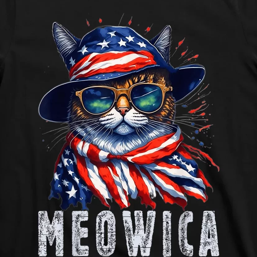 MEOWICA Cat 4th July Sunglasses Merica Cat American Flag T-Shirt