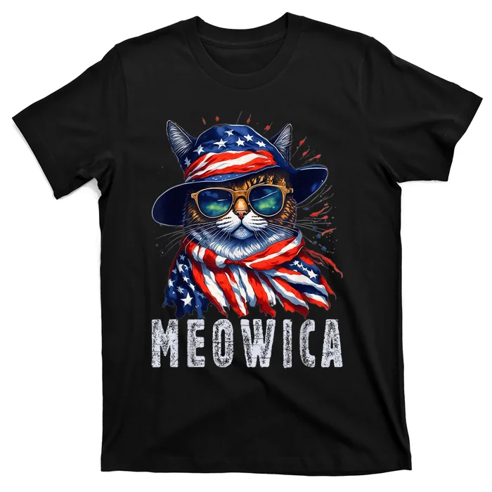 MEOWICA Cat 4th July Sunglasses Merica Cat American Flag T-Shirt