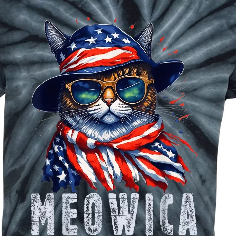 MEOWICA Cat 4th July Sunglasses Merica Cat American Flag Kids Tie-Dye T-Shirt