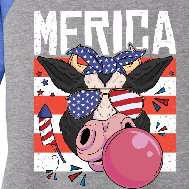 Merica Cow 4th Of July Cow Red White Blue Usa Meaningful Gift Women's Tri-Blend 3/4-Sleeve Raglan Shirt