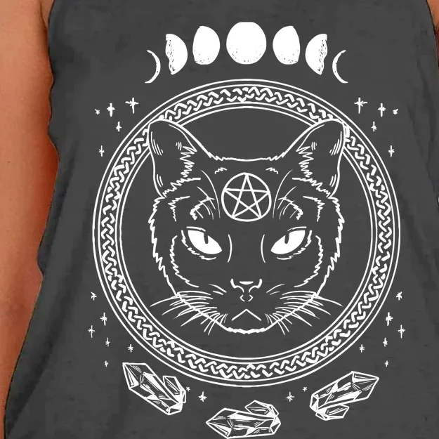 Moon Cat Alchemy Witch Dark Symbols Goth Halloween Women's Knotted Racerback Tank