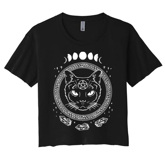 Moon Cat Alchemy Witch Dark Symbols Goth Halloween Women's Crop Top Tee