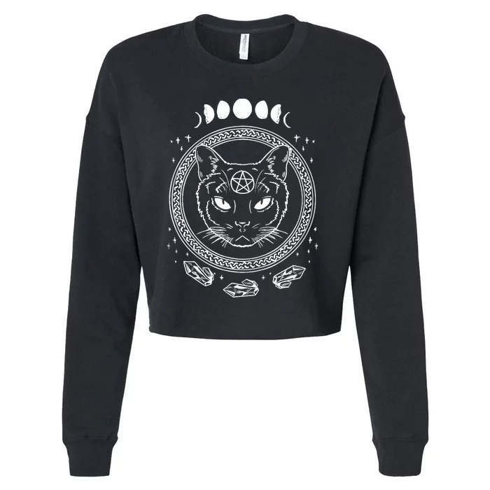 Moon Cat Alchemy Witch Dark Symbols Goth Halloween Cropped Pullover Crew