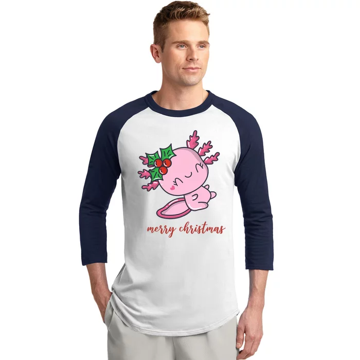 Merry Christmas Axolotl Cute Holiday Baseball Sleeve Shirt