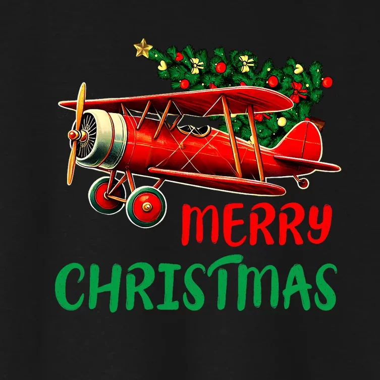 Merry Christmas Airplane Christmas Tree Pilot Women's Crop Top Tee