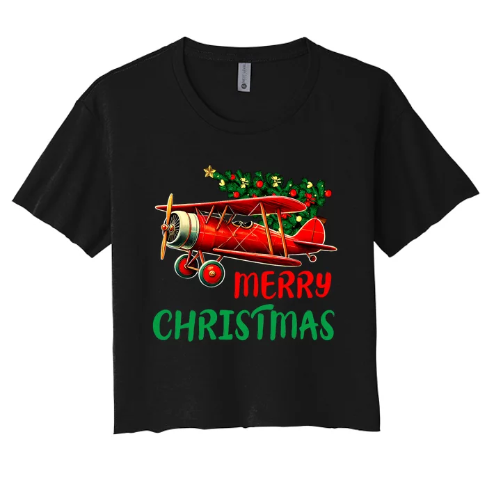 Merry Christmas Airplane Christmas Tree Pilot Women's Crop Top Tee