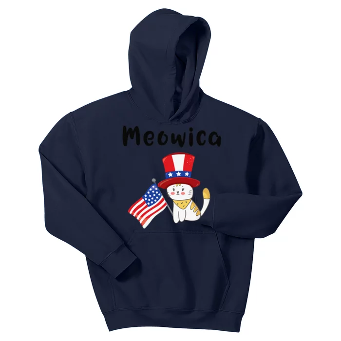 Meowica Cat American Flag Fourth Of July Kitty Kids Hoodie