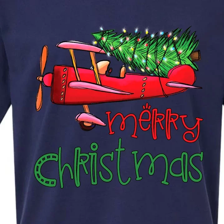 Merry Christmas Airplane Christmas Tree Pilot Xmas Funny Funny Gift Sueded Cloud Jersey T-Shirt