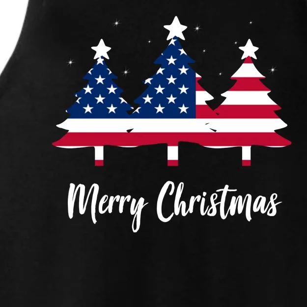 Merry Christmas American Flag Trees Ladies Tri-Blend Wicking Tank