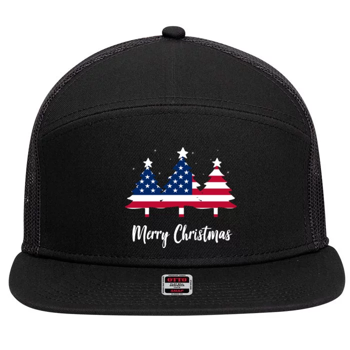 Merry Christmas American Flag Trees 7 Panel Mesh Trucker Snapback Hat