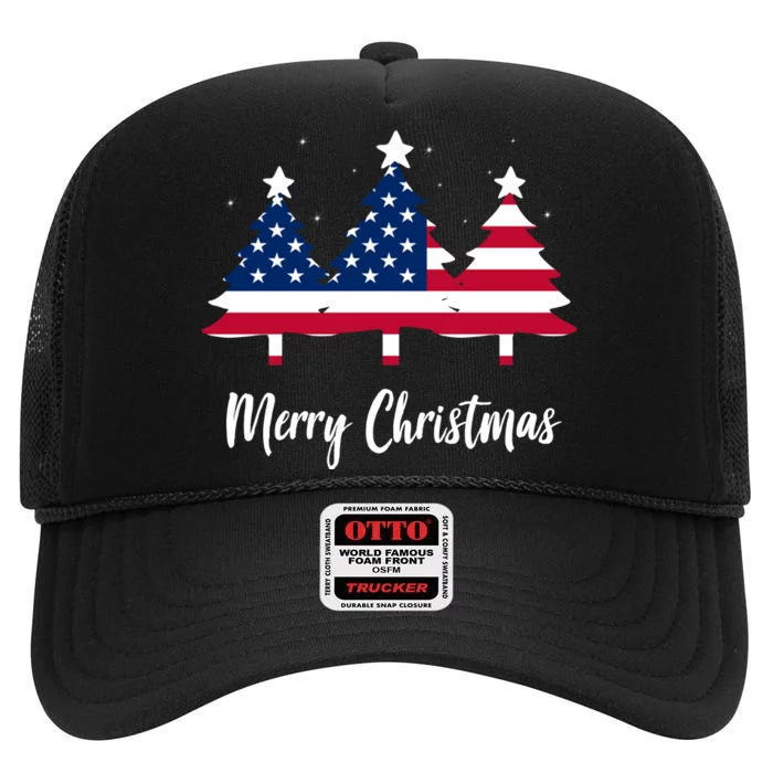 Merry Christmas American Flag Trees High Crown Mesh Trucker Hat