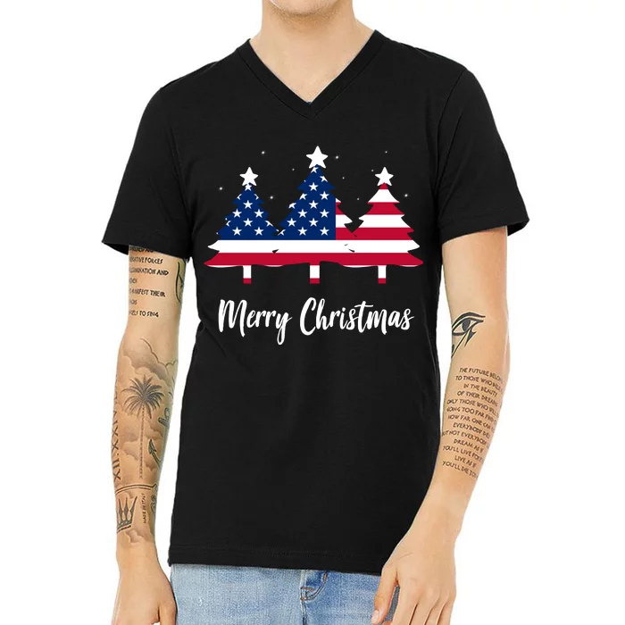 Merry Christmas American Flag Trees V-Neck T-Shirt