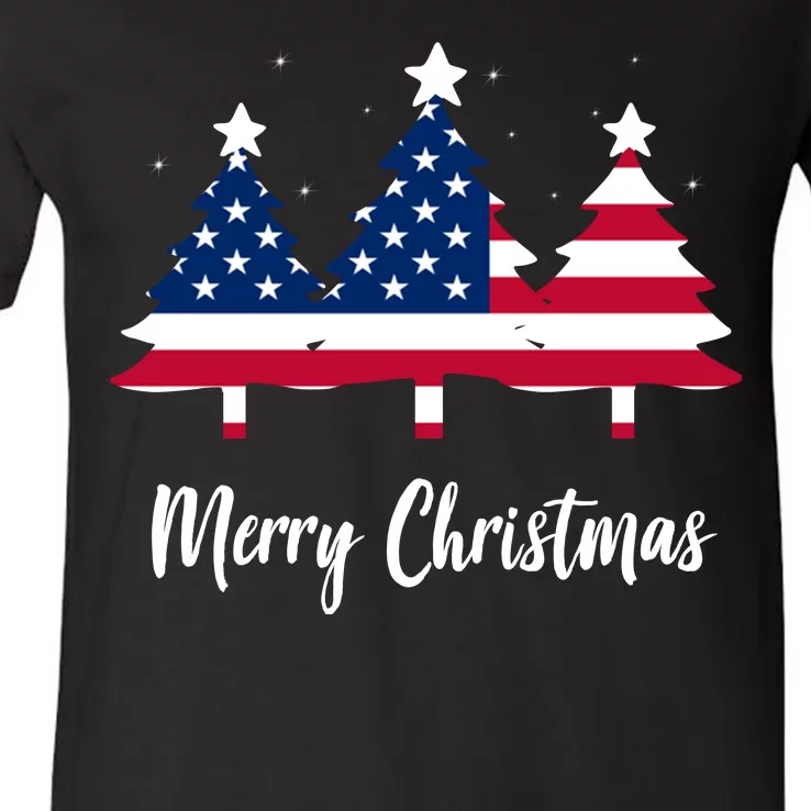 Merry Christmas American Flag Trees V-Neck T-Shirt