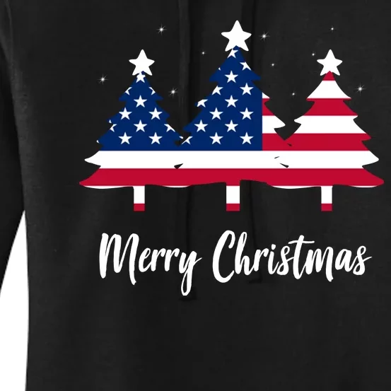 Merry Christmas American Flag Trees Women's Pullover Hoodie