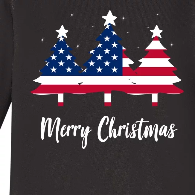 Merry Christmas American Flag Trees Baby Long Sleeve Bodysuit