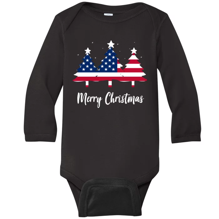 Merry Christmas American Flag Trees Baby Long Sleeve Bodysuit