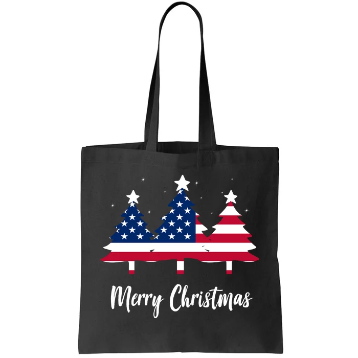 Merry Christmas American Flag Trees Tote Bag