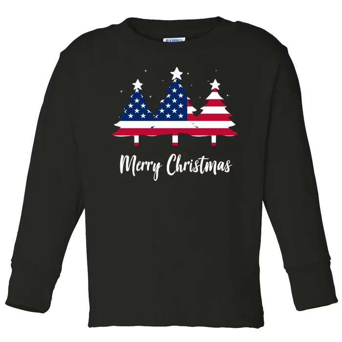 Merry Christmas American Flag Trees Toddler Long Sleeve Shirt