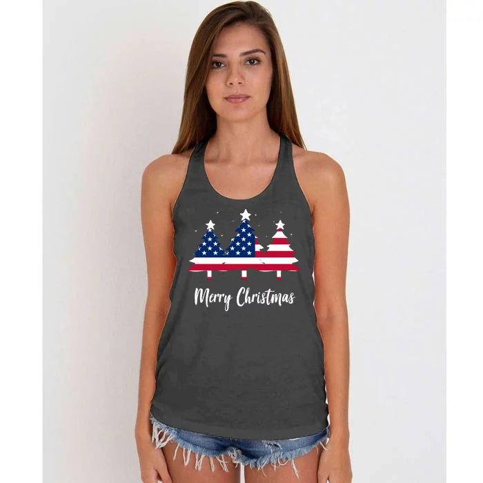 Merry Christmas American Flag Trees Women's Knotted Racerback Tank