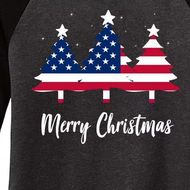 Merry Christmas American Flag Trees Women's Tri-Blend 3/4-Sleeve Raglan Shirt