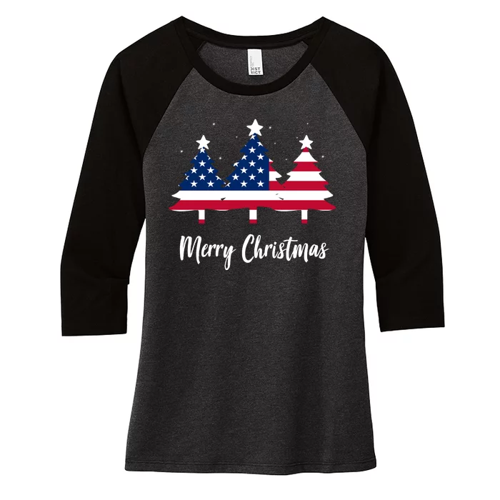 Merry Christmas American Flag Trees Women's Tri-Blend 3/4-Sleeve Raglan Shirt