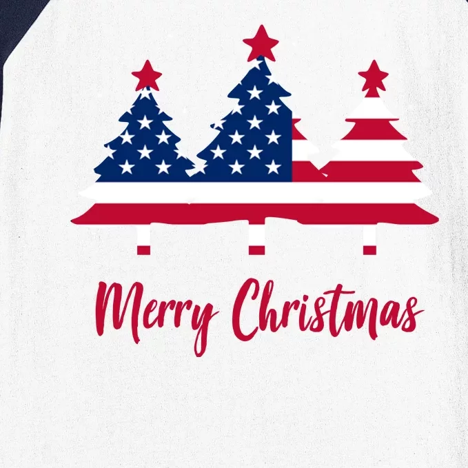 Merry Christmas American Flag Trees Baseball Sleeve Shirt