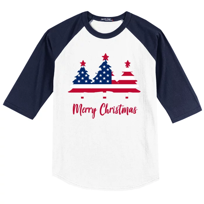 Merry Christmas American Flag Trees Baseball Sleeve Shirt