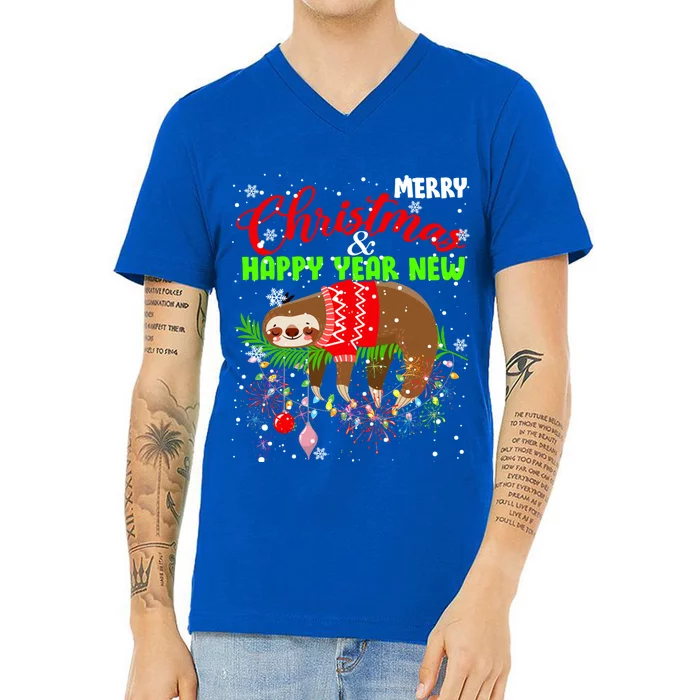 Merry Christmas And Happy New Year Funny Lazy Sleeping Sloth Gift V-Neck T-Shirt