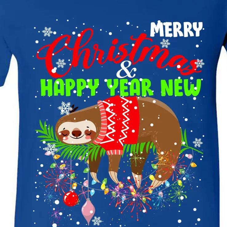 Merry Christmas And Happy New Year Funny Lazy Sleeping Sloth Gift V-Neck T-Shirt