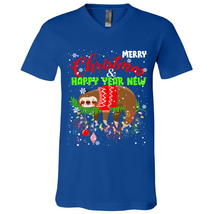 Merry Christmas And Happy New Year Funny Lazy Sleeping Sloth Gift V-Neck T-Shirt