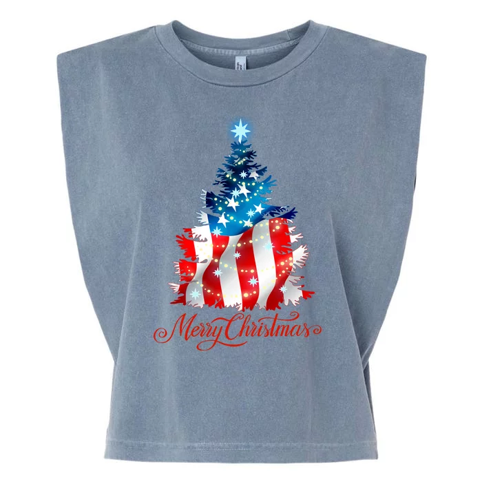 Merry Christmas American Flag Christmas Tree Garment-Dyed Women's Muscle Tee