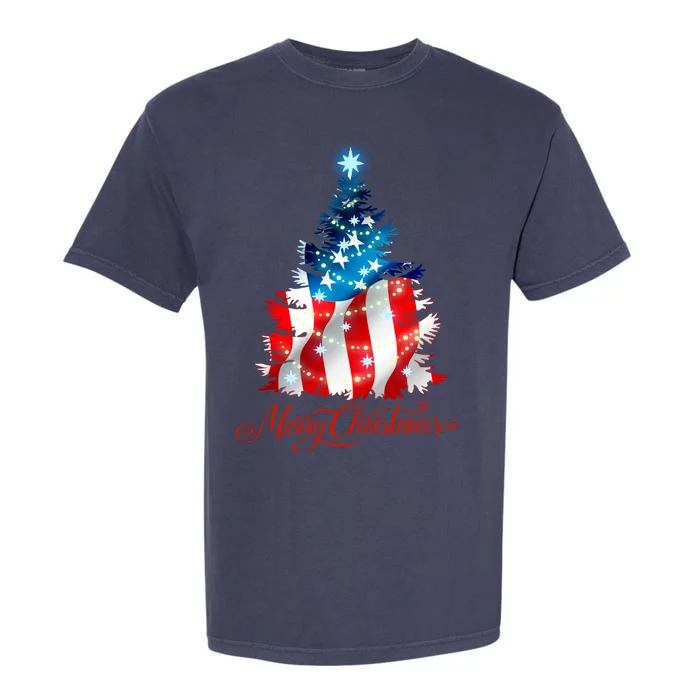 Merry Christmas American Flag Christmas Tree Garment-Dyed Heavyweight T-Shirt