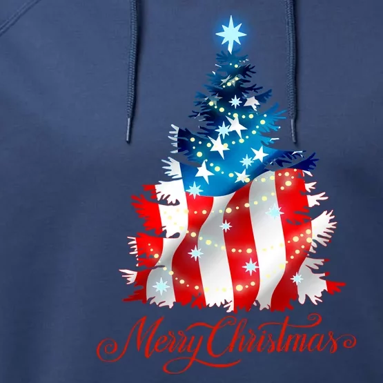 Merry Christmas American Flag Christmas Tree Performance Fleece Hoodie