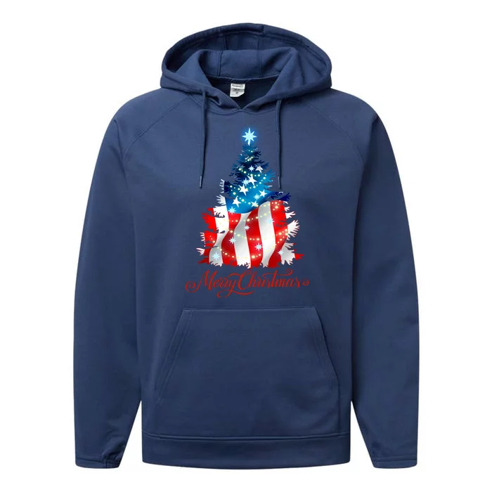 Merry Christmas American Flag Christmas Tree Performance Fleece Hoodie