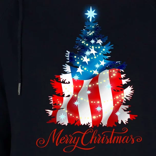 Merry Christmas American Flag Christmas Tree Womens Funnel Neck Pullover Hood