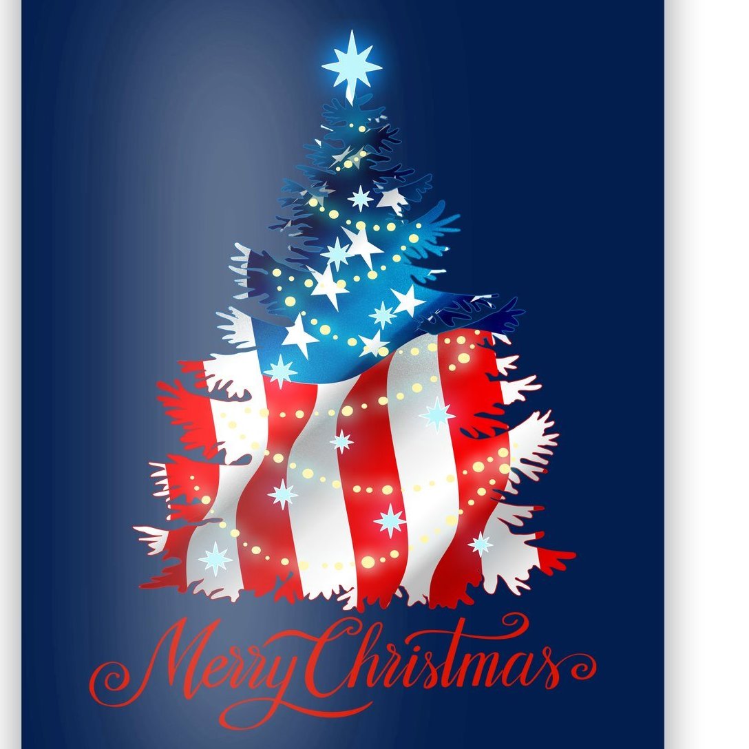 Merry Christmas American Flag Christmas Tree Poster
