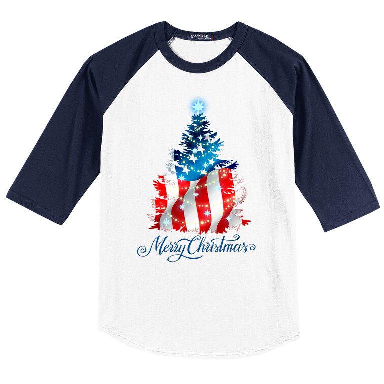 Merry Christmas American Flag Christmas Tree Baseball Sleeve Shirt