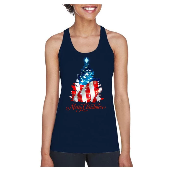 Merry Christmas American Flag Christmas Tree Women's Racerback Tank