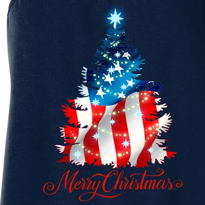 Merry Christmas American Flag Christmas Tree Women's Racerback Tank