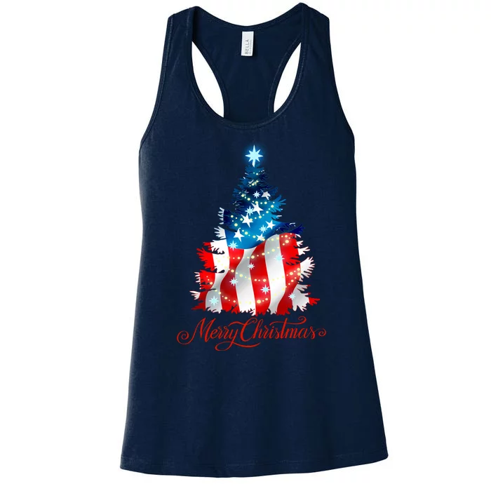 Merry Christmas American Flag Christmas Tree Women's Racerback Tank