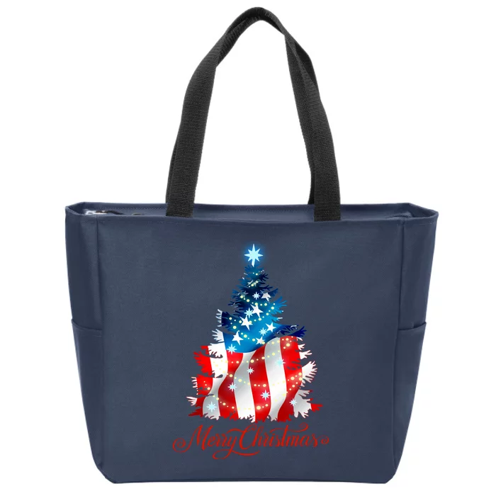 Merry Christmas American Flag Christmas Tree Zip Tote Bag