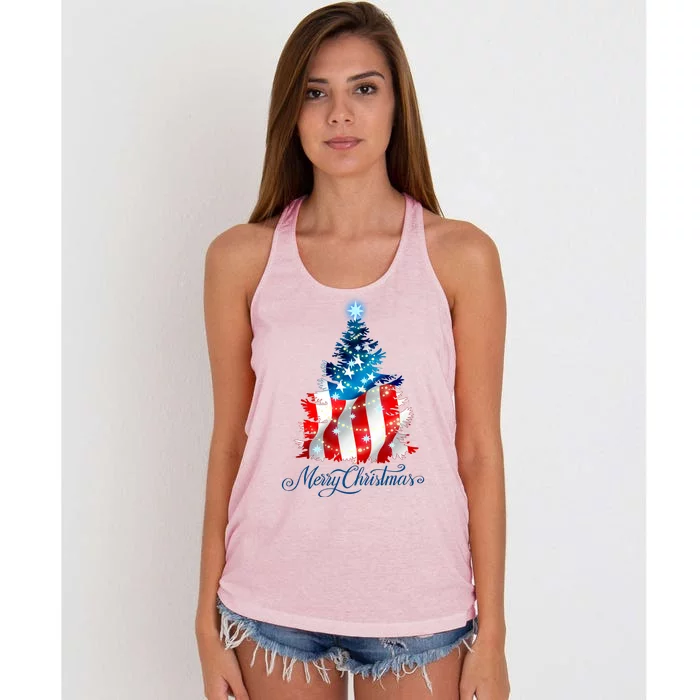 Merry Christmas American Flag Christmas Tree Women's Knotted Racerback Tank