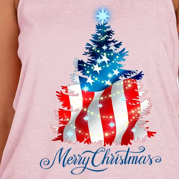 Merry Christmas American Flag Christmas Tree Women's Knotted Racerback Tank