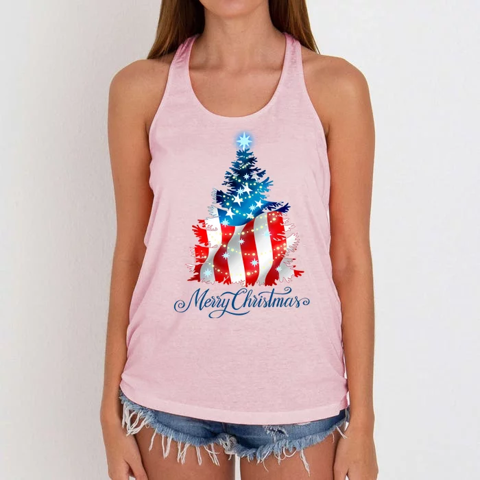 Merry Christmas American Flag Christmas Tree Women's Knotted Racerback Tank