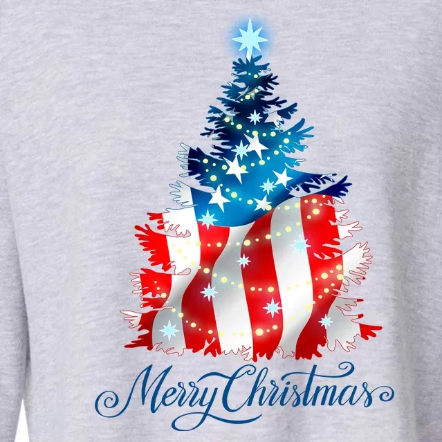 Merry Christmas American Flag Christmas Tree Cropped Pullover Crew