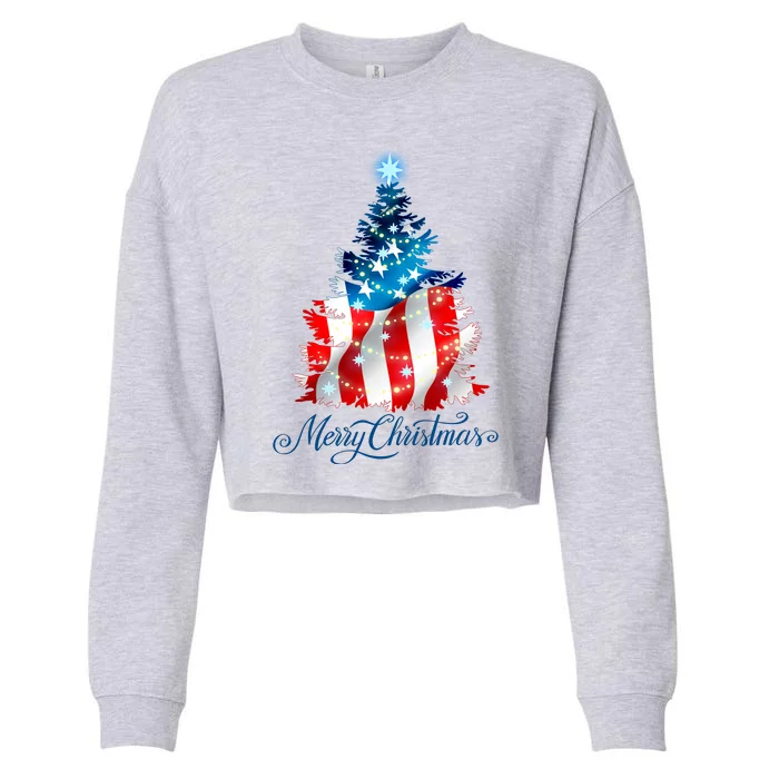 Merry Christmas American Flag Christmas Tree Cropped Pullover Crew