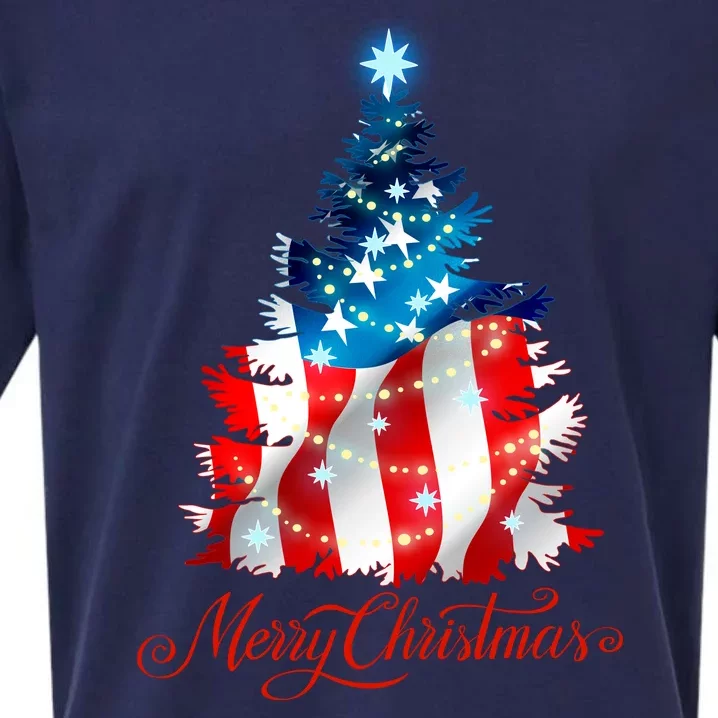 Merry Christmas American Flag Christmas Tree Sueded Cloud Jersey T-Shirt