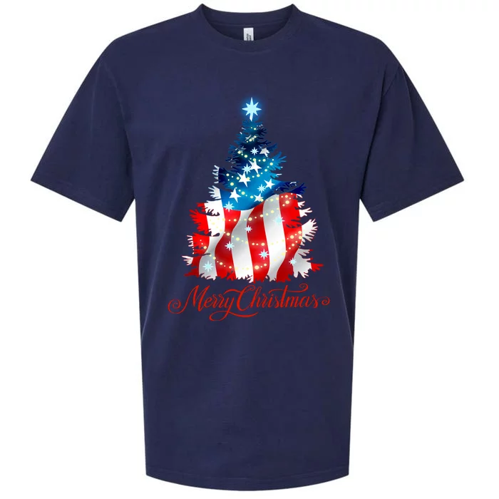 Merry Christmas American Flag Christmas Tree Sueded Cloud Jersey T-Shirt